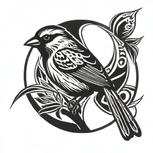 Tribal sparrow inside a flash circle with an infinity theme, black and white with no shading, clean lines,   tattoo design idea