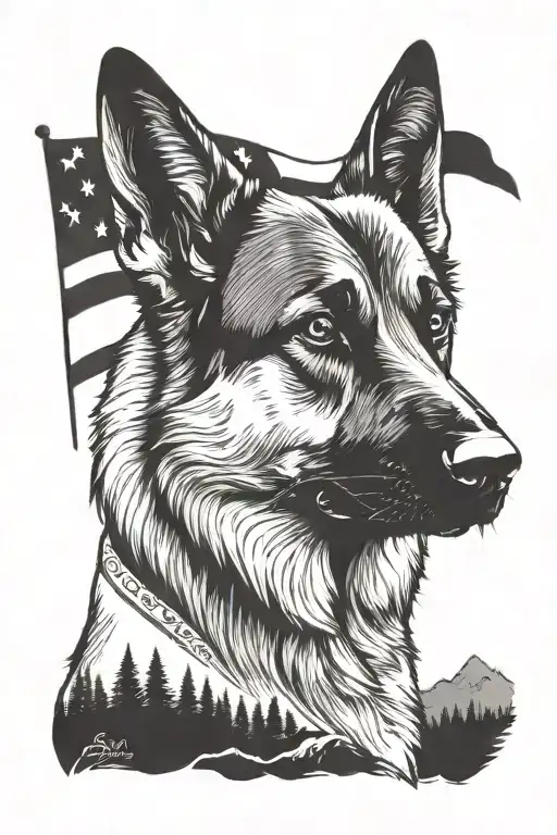 portrait of German shepherd saying "diabetes" in mountain scene with flag waving tattoo design idea