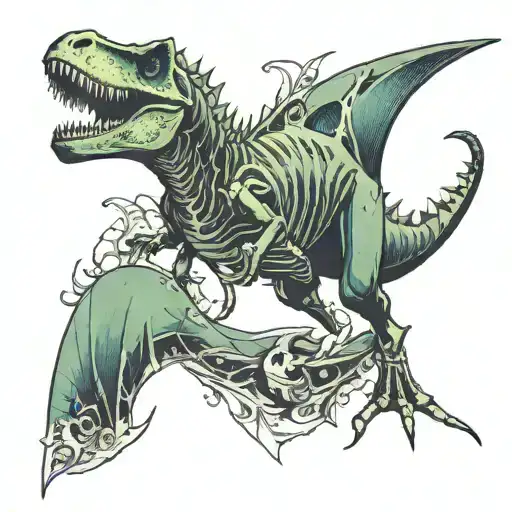 t-rex with mermaid tail fossil skeleton tattoo design idea