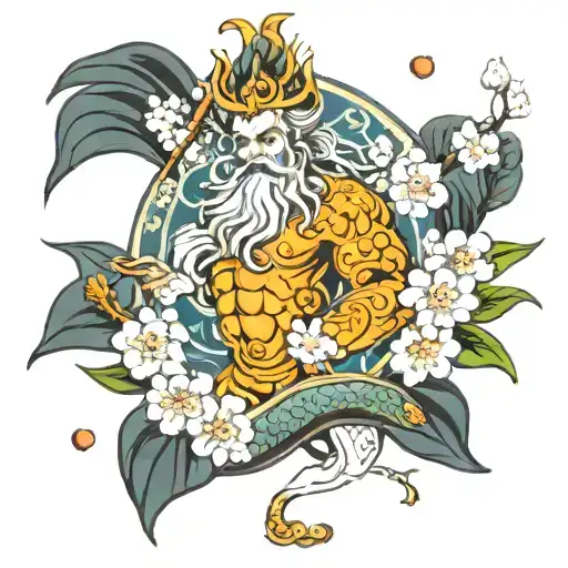 King Neptune statute with cherry blossoms, orange blossoms, and buckeyes tattoo design idea