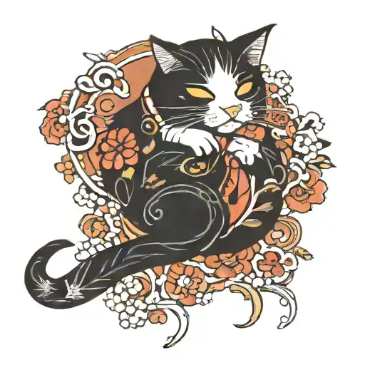 tuxedo cat sleeping tattoo design idea
