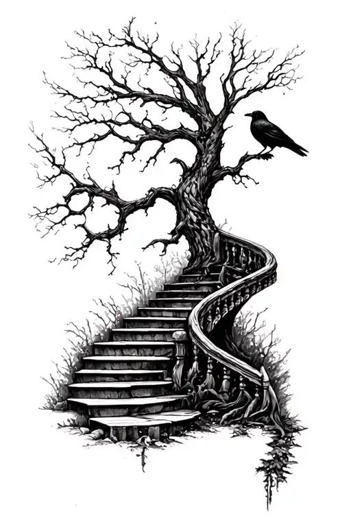 dead tree, crow and staircase tattoo design idea