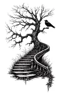 dead tree, crow and staircase tattoo design idea