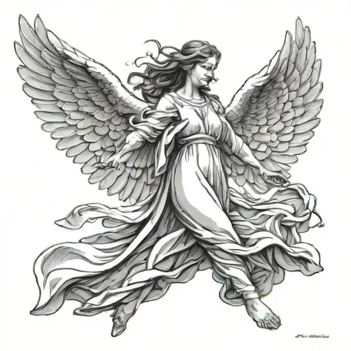 Custom text for your request:A majestic angel with large, outstretched wings in a dramatic pose. I tattoo design idea