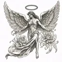 Custom text for your request:A majestic angel with large, outstretched wings in a dramatic pose. I tattoo design idea