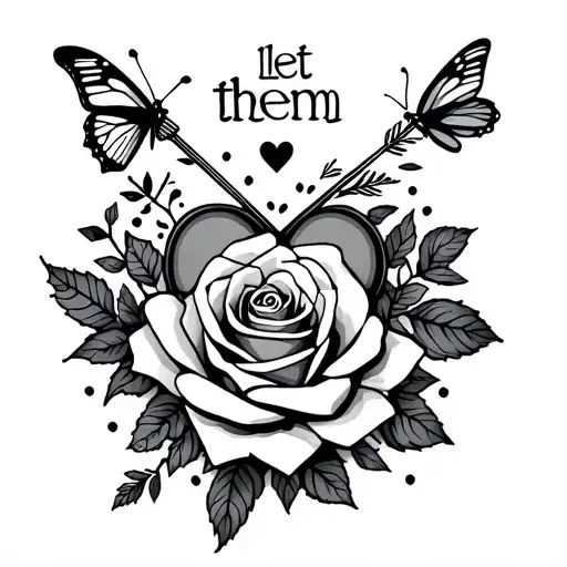 hand tatto design with a heart arrow and butterfly plus a rose for a thum/hand tattoo women with the words let them  tattoo design idea