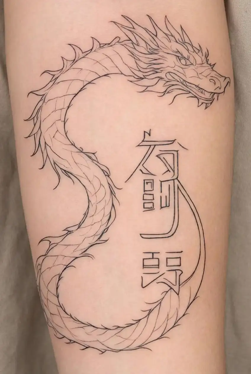 A Korean style dragon wrapped around a Fehu rune or the character for good luck. tattoo design idea