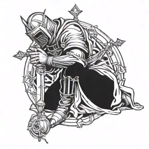 Crusader Knight Praying on knees with rosary beads tattoo design idea