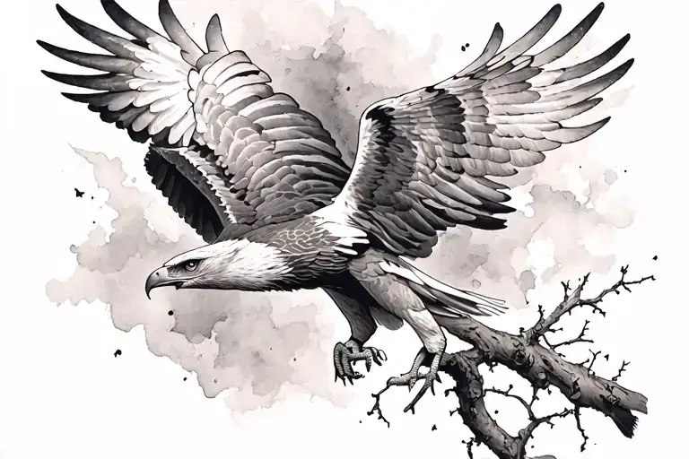 Realistic black and gray  Tattoo Design for Eagle in mid-flight, wings spread wide as the branch beneath it snaps tattoo design idea