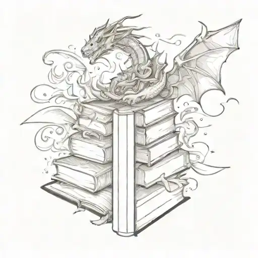fine line book stack with dragon flying tattoo design idea