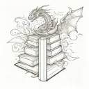 fine line book stack with dragon flying tattoo design idea