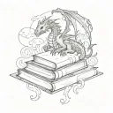 fine line book stack with dragon flying tattoo design idea