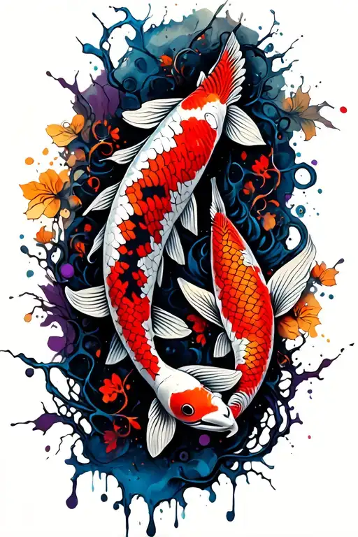 koi fish and vines, I want blue, red, orange and purple, as well as Hebrew letters  tattoo design idea
