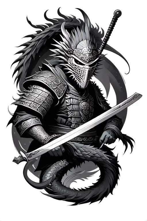 samurai warrior with a mask on and weilding a sword dragon wrapped around the warrior tattoo design idea