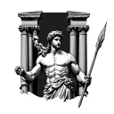 Adonis Greek god classical style with spear in hand and pillars in background  tattoo design idea