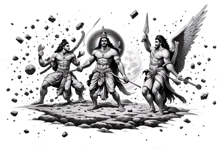 Arjuna and Krishna and Saint Michael all at war with planet getting hit by asteroids as the background tattoo design idea