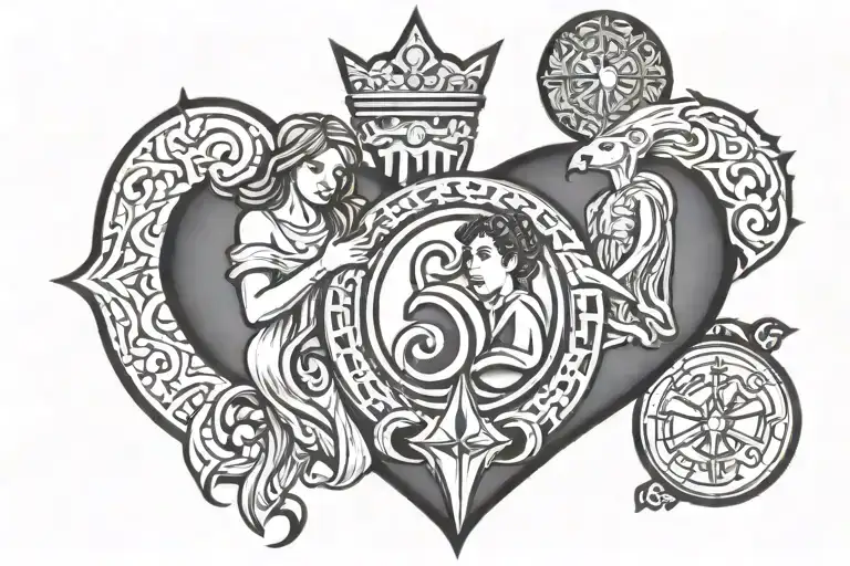 family of 5 and Corinthians symbol merging together tattoo design idea