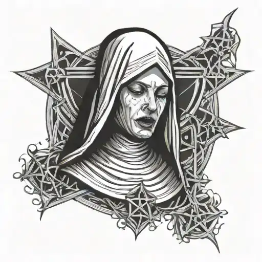 Nun crying blood with a pentagram carved in her forehead tattoo design idea