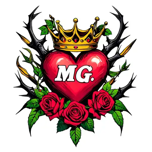 "M G" heart surrounded by thorns and roses with a crown adorned tattoo design idea