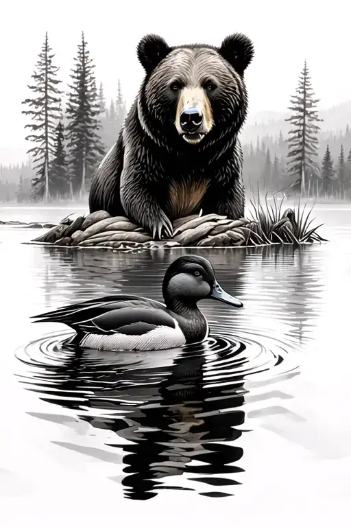 bear and mallard in a Minnesota lake surrounded tattoo design idea