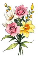 small bouquet featuring gladiolus,  daffodil, sweet pea, pink rose tattoo design idea