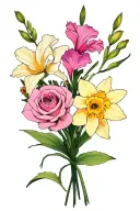 small bouquet featuring gladiolus,  daffodil, sweet pea, pink rose tattoo design idea