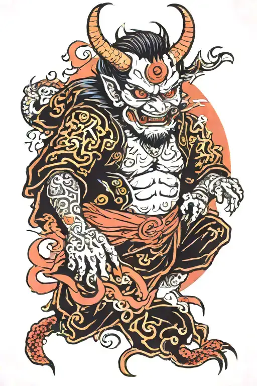 Japanese devil. with text 'rotondo' name incorporated. back tattoo tattoo design idea