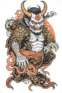 Japanese devil. with text 'rotondo' name incorporated. back tattoo tattoo design idea