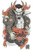 Japanese devil. with text 'rotondo' name incorporated. back tattoo tattoo design idea