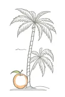 A single fine line image of a california palm tree growing from a peach fruit tattoo design idea