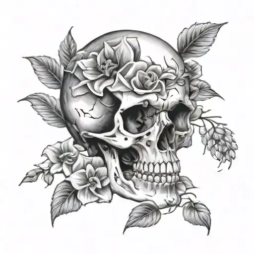 skull and flowers black and grey realistic tattoo design idea