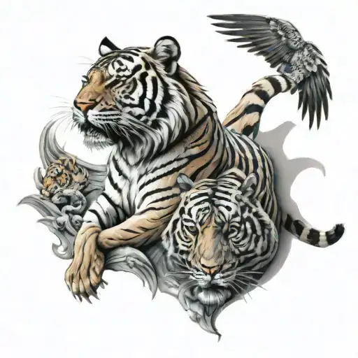 A tiger with an buzzard perched on tigers back tattoo design idea