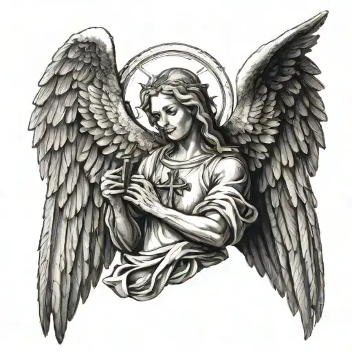 biblically accurate seraphim with a cross and angel wings tattoo design idea