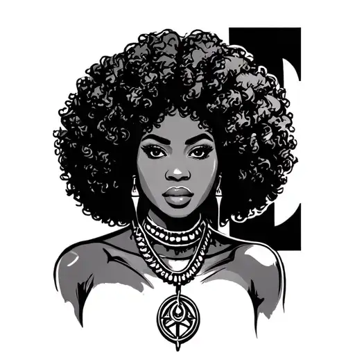 beautiful black Afro women face with protection symbol necklace showing strength  tattoo design idea