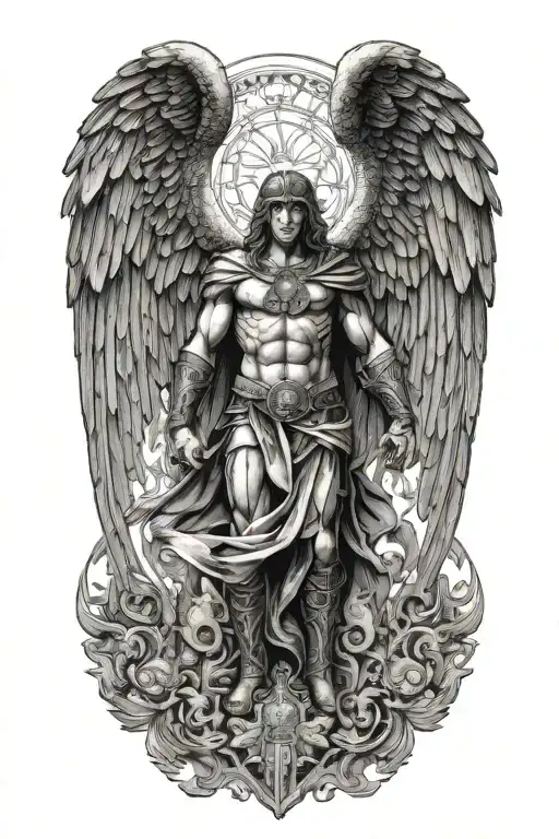 archangel Michael with big wings spread tattoo design idea