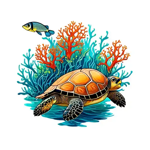 Male calf tattoo inspired Colombian ocean life corals, mangroves, turtle, tropical fish. Japanese Irezumi Viking  tattoo design idea