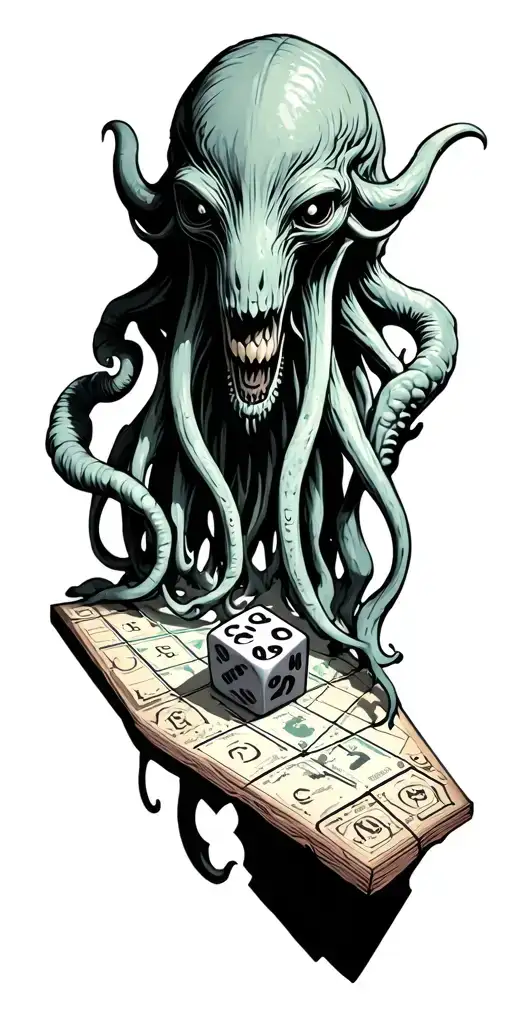cthulhu rising up from a board game map holding a d20 dice tattoo design idea