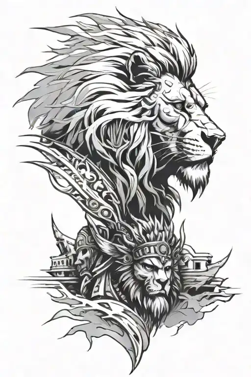 lion with scar running down his eye and a spartan with the colleseum behind him tattoo design idea