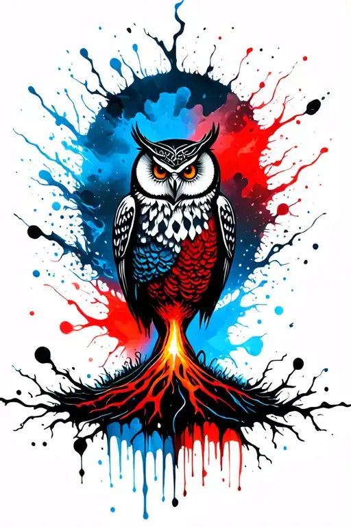 tree of life, owl, volcano, blue tattoo design idea