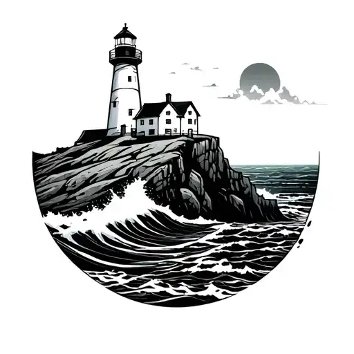 yaquina head Lighthouse on rocky cliff with crashing waves, blackwork tattoo style, clean bold flash design  tattoo design idea