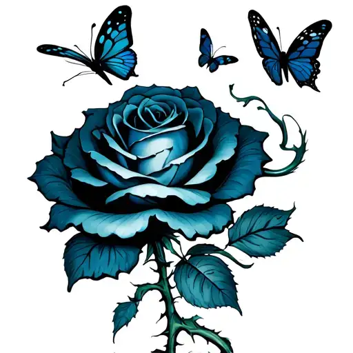 A rose with a large and thorny stem with a snake wrapped in the stem and three butterflies around tattoo design idea