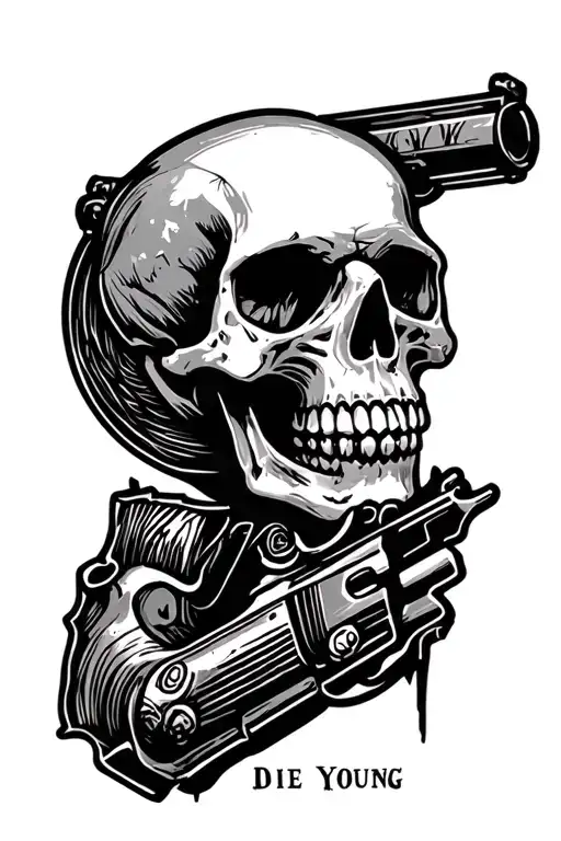 "DIE YOUNG" die young skull gun tattoo design idea