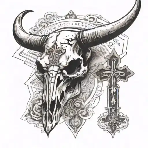 a long horn bull skull and. cross and cards  tattoo design idea