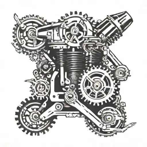 A motorcycle engine intertwined with gears and tools tattoo design idea