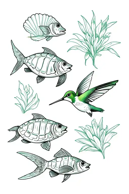 Barbados inspired sketch style- flying fish, green turtle, humming bird, trident, pride of Barbados flower, conch shell tattoo design idea