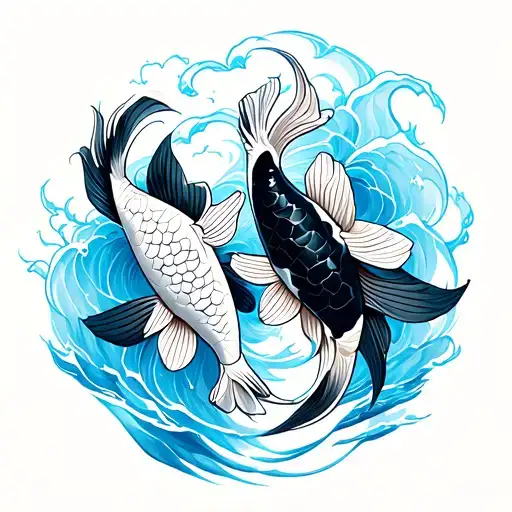 Palm-sized tattoo design, upper inner arm. Two koi fish in opposite directions, one light, one dark (black and white), minimalist geometric style. Behind them, stylized blue water waves flowing gracefully. Fine line art, elegant and modern look. tattoo design idea