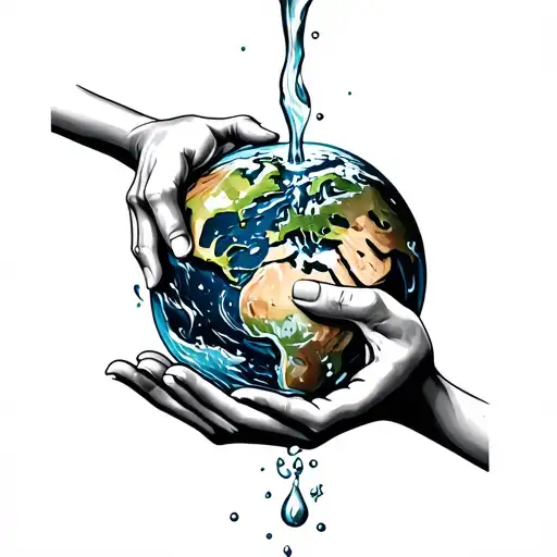hands holding water over the earth tattoo design idea