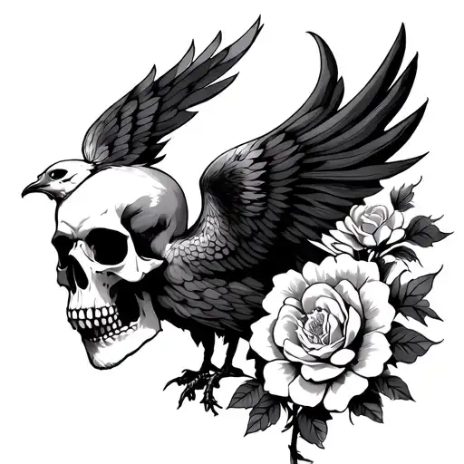 skull, flowers, phoenix symbol of rebirth, tattoo design idea