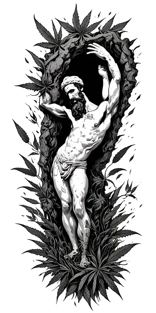 Chicano style illustration of the allegory of Plato's cave finding weed breaking free tattoo design idea