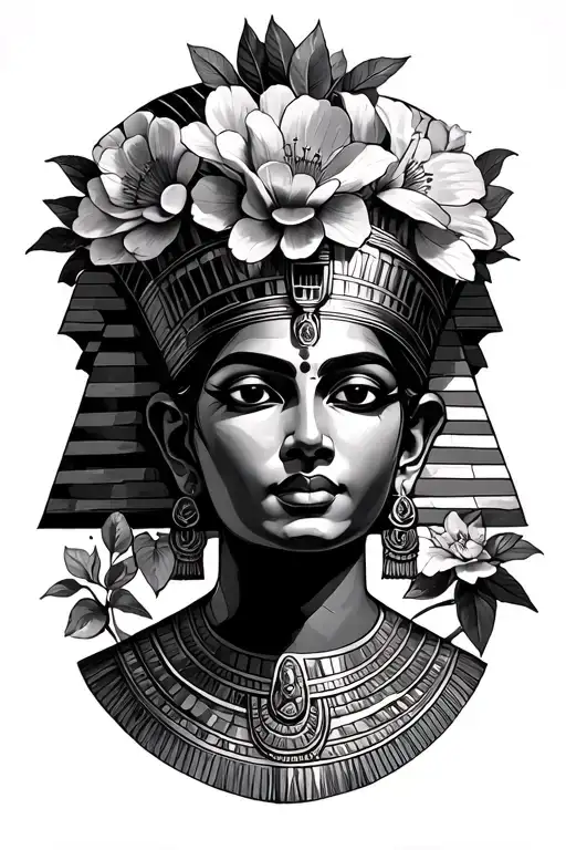 Nefertiti flower pyramid surrounded tattoo design idea